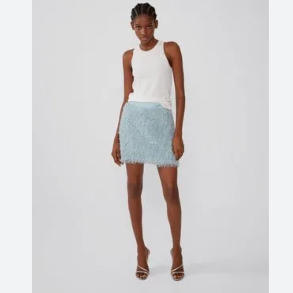 ZARA feather mini fuzzy skirt chic blue high waisted size S - Picture 6 of 7